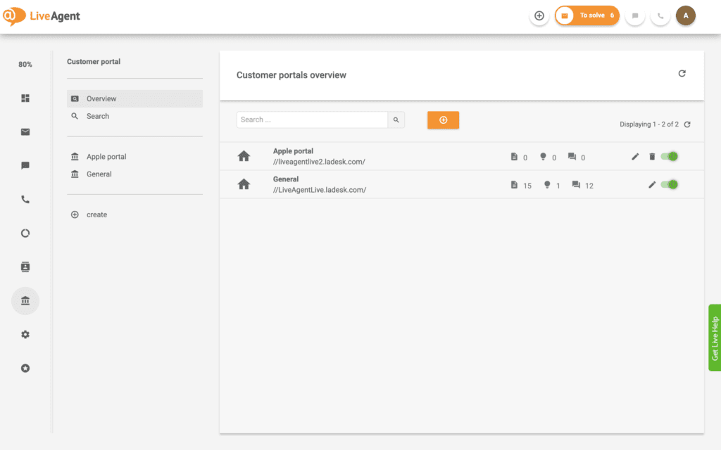 Ví dụ cổng thông tin khách hàng LiveAgent