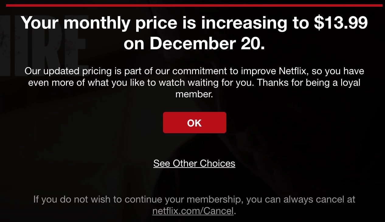 Mẫu email tăng giá Netflix