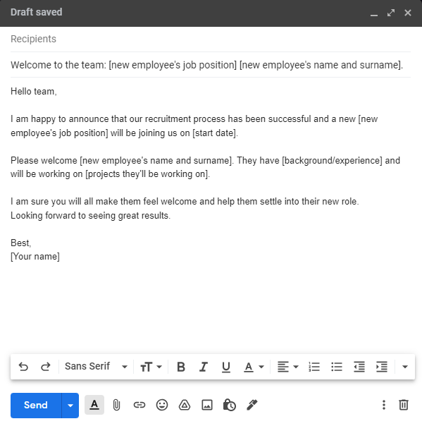 Welcome Email Template for New Employee
