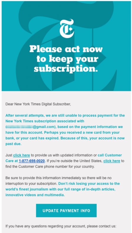 Ví dụ email dunning của New York Times