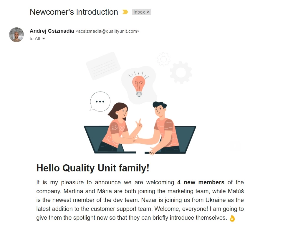 Quality Unit newcomer's introduction email