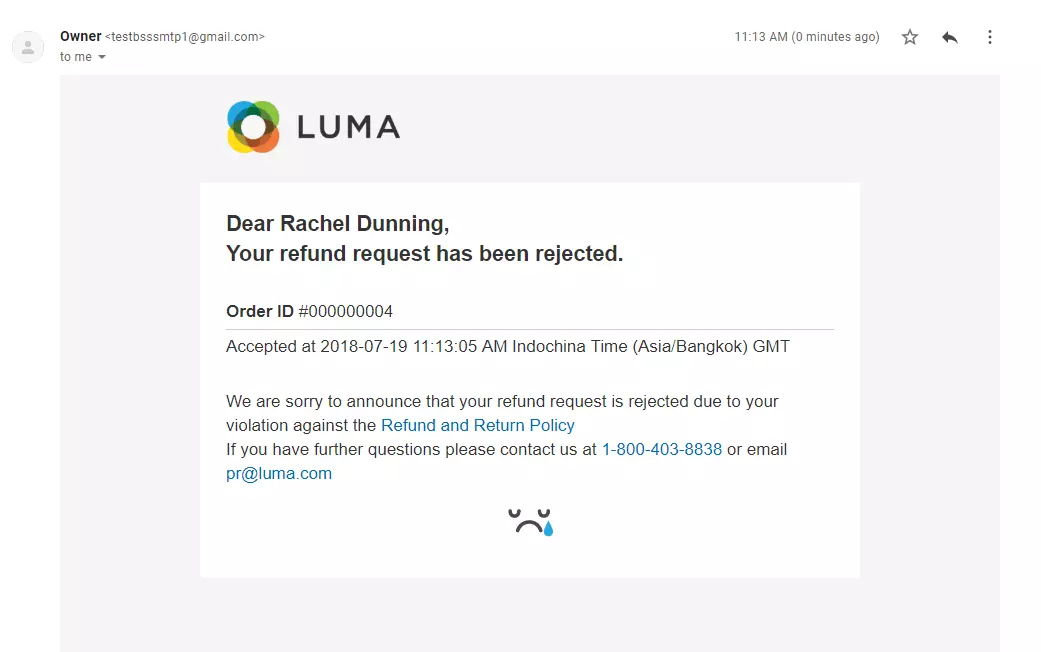 Ví dụ về email từ chối yêu cầu hoàn tiền