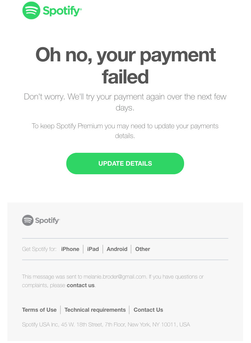 Ví dụ email dunning của Spotify