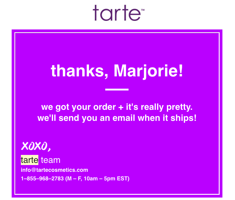 Email cảm ơn Tarte