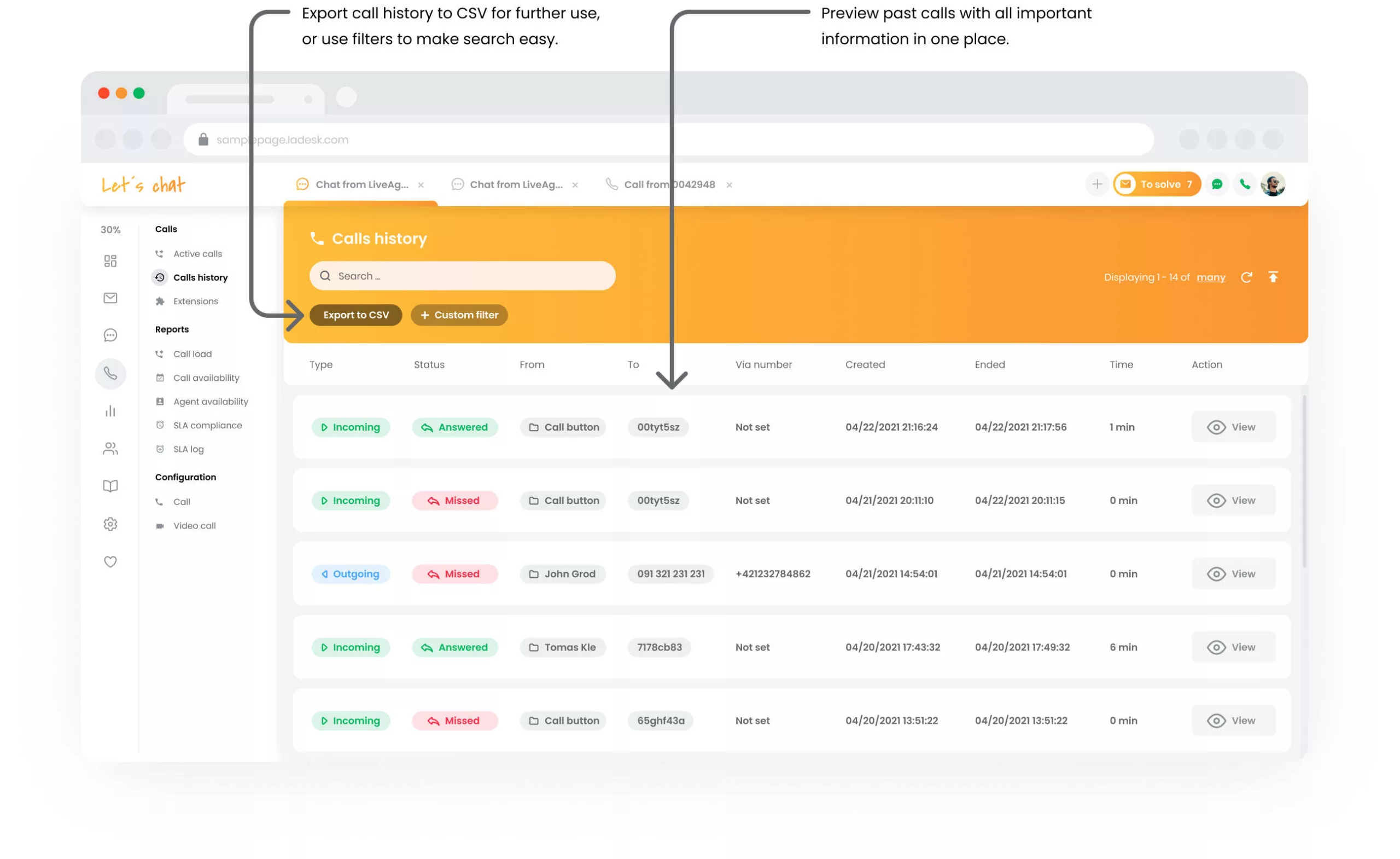Lịch sử cuộc gọi của LiveAgent