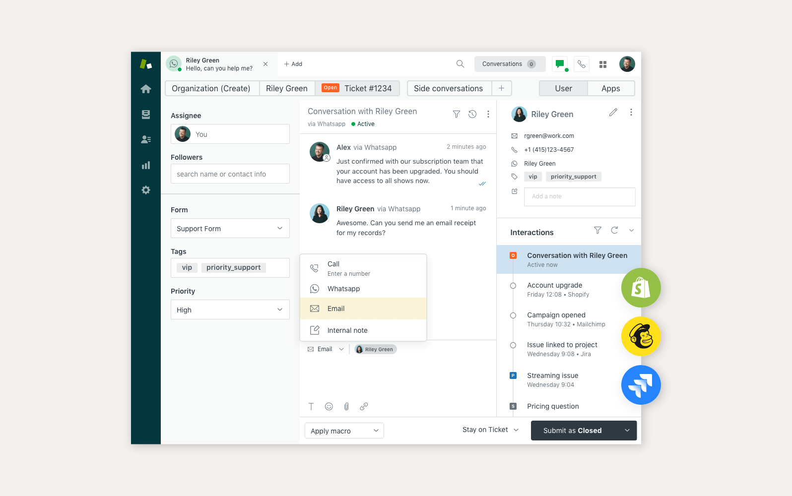 Giao diện trung tâm cuộc gọi Zendesk