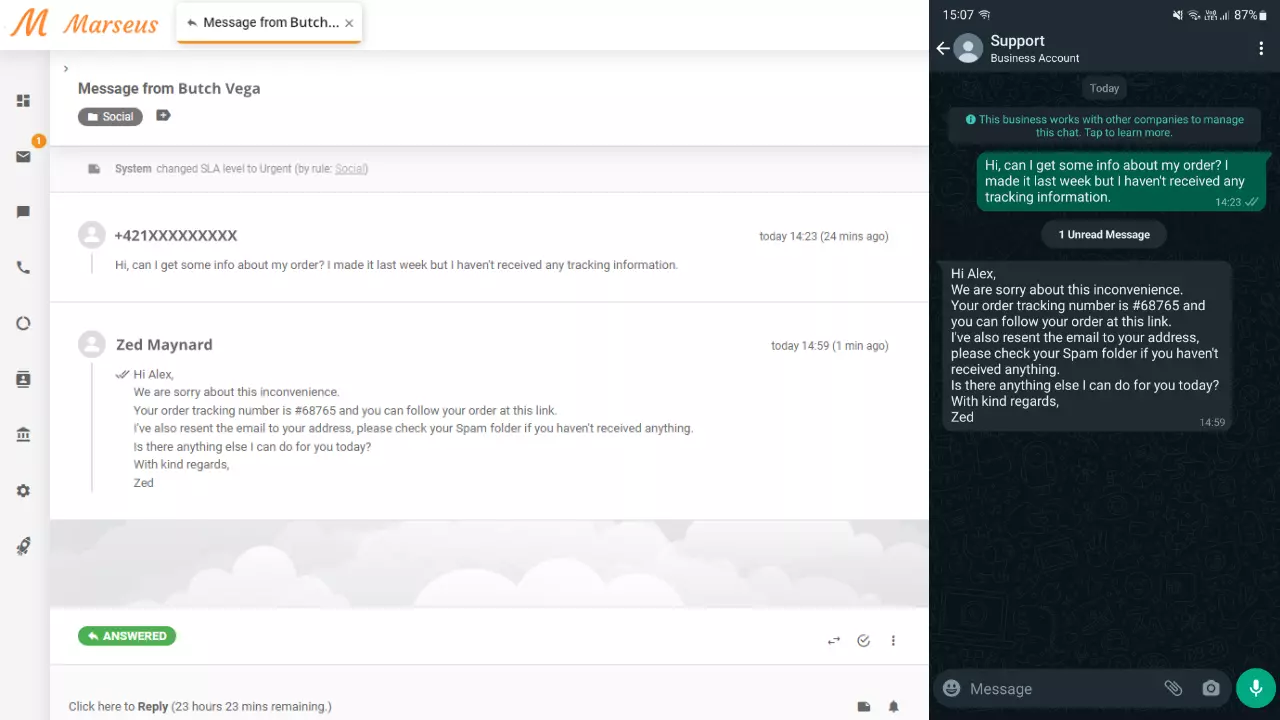 Tin nhắn WhatsApp được hiển thị dưới dạng vé trong LiveAgent